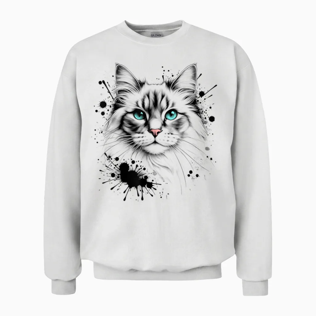 Artistic Cat with Turquoise Eyes and Paint Splash Unisex Sweatshirt in White