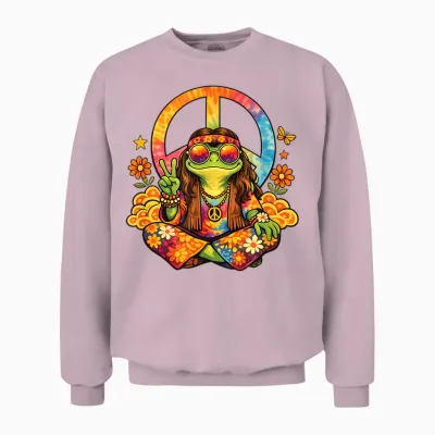 Colourful Hippie Frog with Peace Sign Flower Power Unisex Sweatshirt - Light Pink