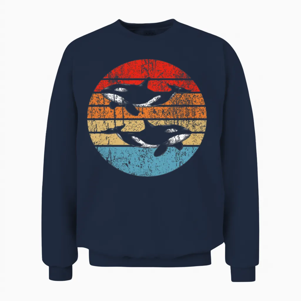 Retro Killer Whale Hoodies Unisex Sweatshirt in Navy