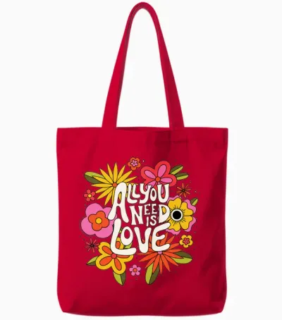 The Beatles - All You Need Is Love Retro Flowers Long Sleeve, Black Tote Bags - Red
