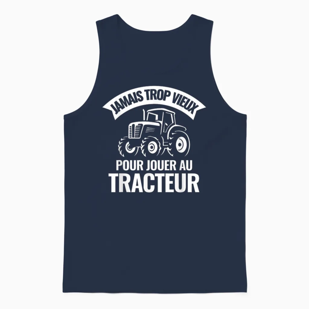 Never Too Old to Play Tractor Farmer Unisex Tank Top in Navy