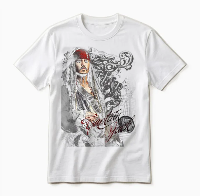 Disney Pirates of the Caribbean Captain Jack Ornate Poster T-Shirt, Black Unisex T-Shirt in White