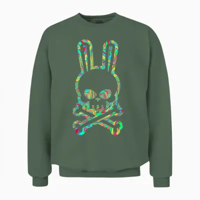 Funny Easter Bunny Retro Tie Dye Bunny Skull Cross Bone Unisex Sweatshirt - Military Green