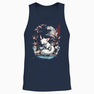 Japanese Kitsune Yokai White Fox Ghost Ukiyo-E Vintage T-Shirt, Black Unisex Tank Top - Navy