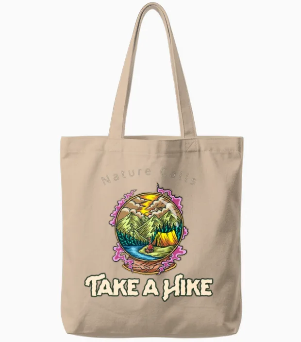 Nature Calls, Take a Hike Hiking & Outdoors Gift Tote Bags in Natural