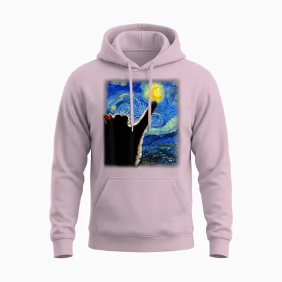 Van Gogh Starry Night Cat T-Shirt - Classic Fit, Cat Lover/mom/dad Gift, Black Crew Neck Unisex Hoodie - Light Pink