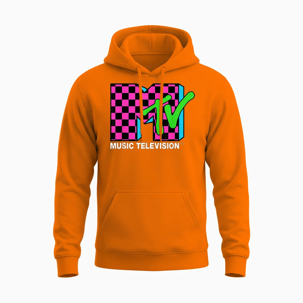 Classic Mtv Logo Pink and Blue Check Unisex Hoodie in Safety Orange