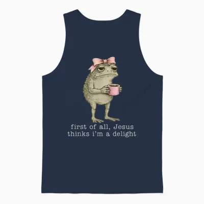 First of All Jesus Thinks I'm a Delight Funny Frog Coffee Unisex Tank Top - Navy