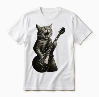 Cat Playing Guitar Rock Funny Unisex T-Shirt - White
