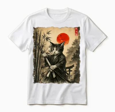 Samurai Cat Japanese Art Men Boys Funny Graphic Tee Anime Unisex T-Shirt - White