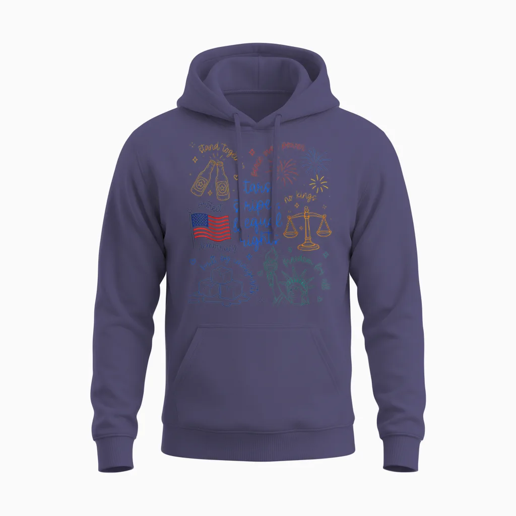 Stars Stripes & Equal Right Doodle Usa Political Liberal Unisex Hoodie in Heather Sport Dark Navy