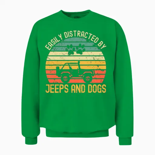 Easily Distracted by Jeeps and Dogs Vintage Jeeps Unisex Sweatshirt in Irish Green