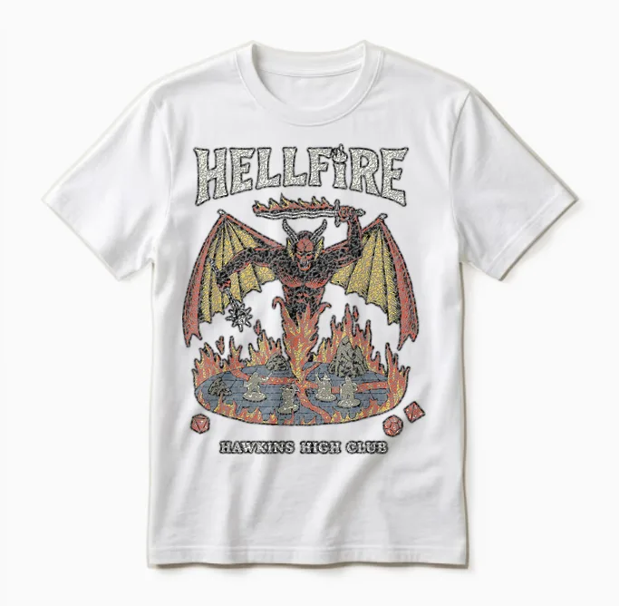 Stranger Things Vintage Hawkins High Hellfire T-Shirt, Black, S Unisex T-Shirt in White