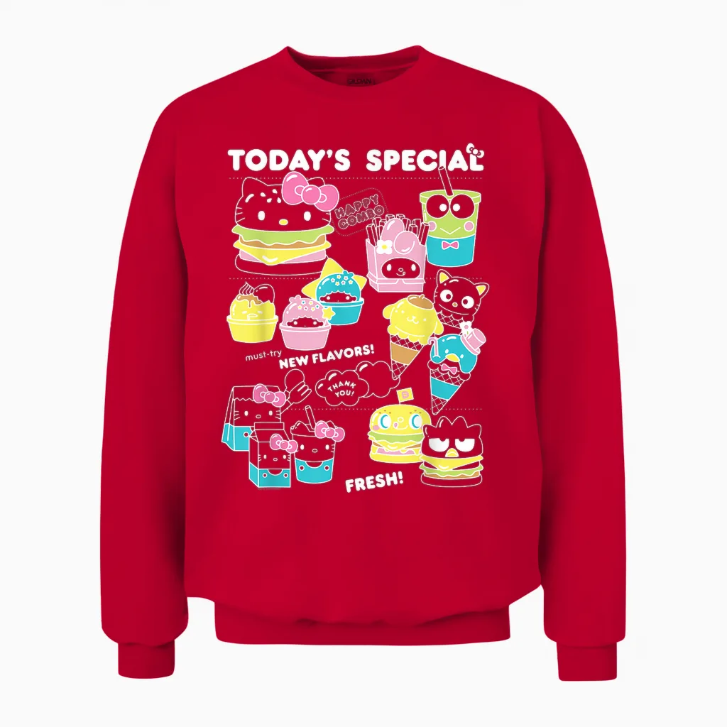 Hello Sanrio Kawaii Burger Shop Foodie Menu Unisex Sweatshirt in Red