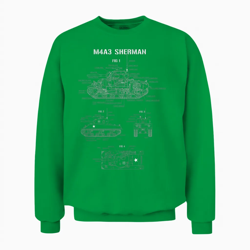 World War 2 American Tank M4a3 Sherman Blueprint Unisex Sweatshirt in Irish Green