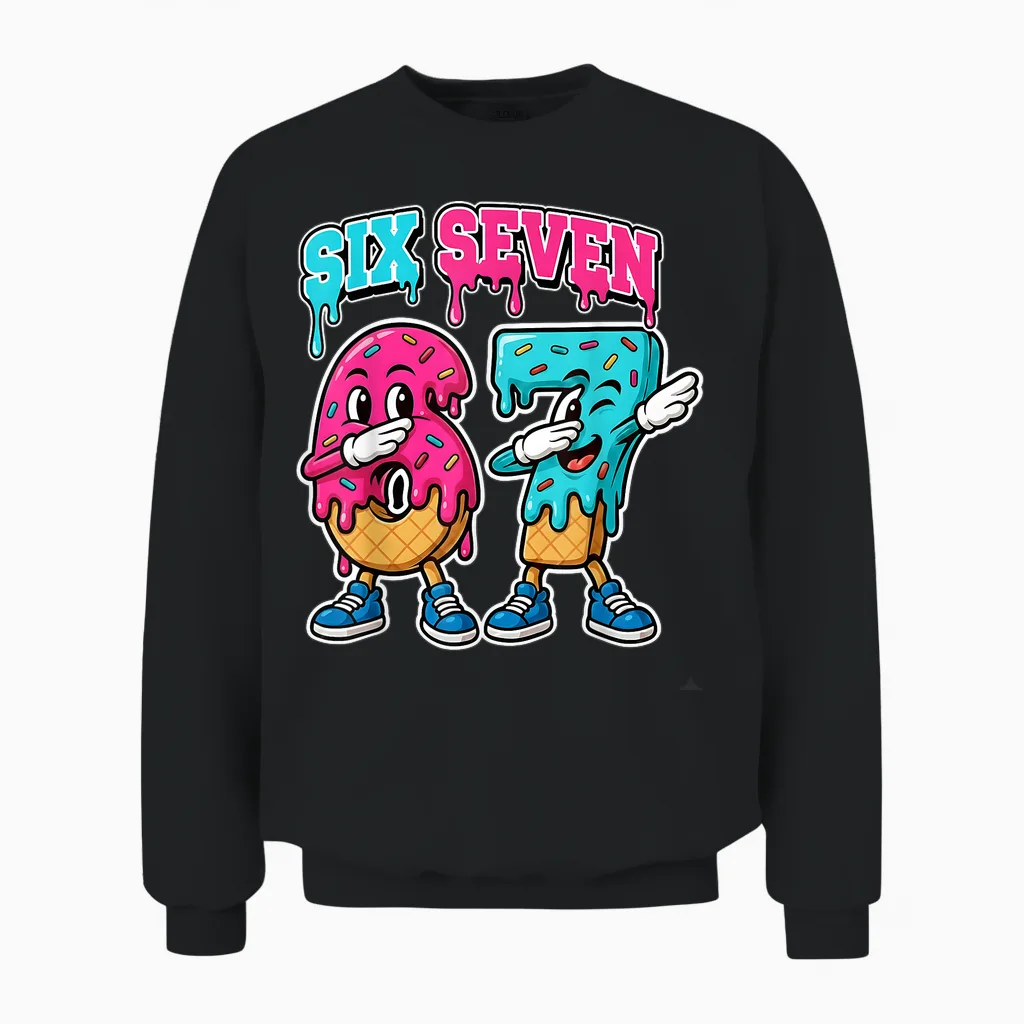 67 Ice Cream Drip Gen Alpha Slang Six Seven Meme 6 7 Number Unisex Sweatshirt in Black