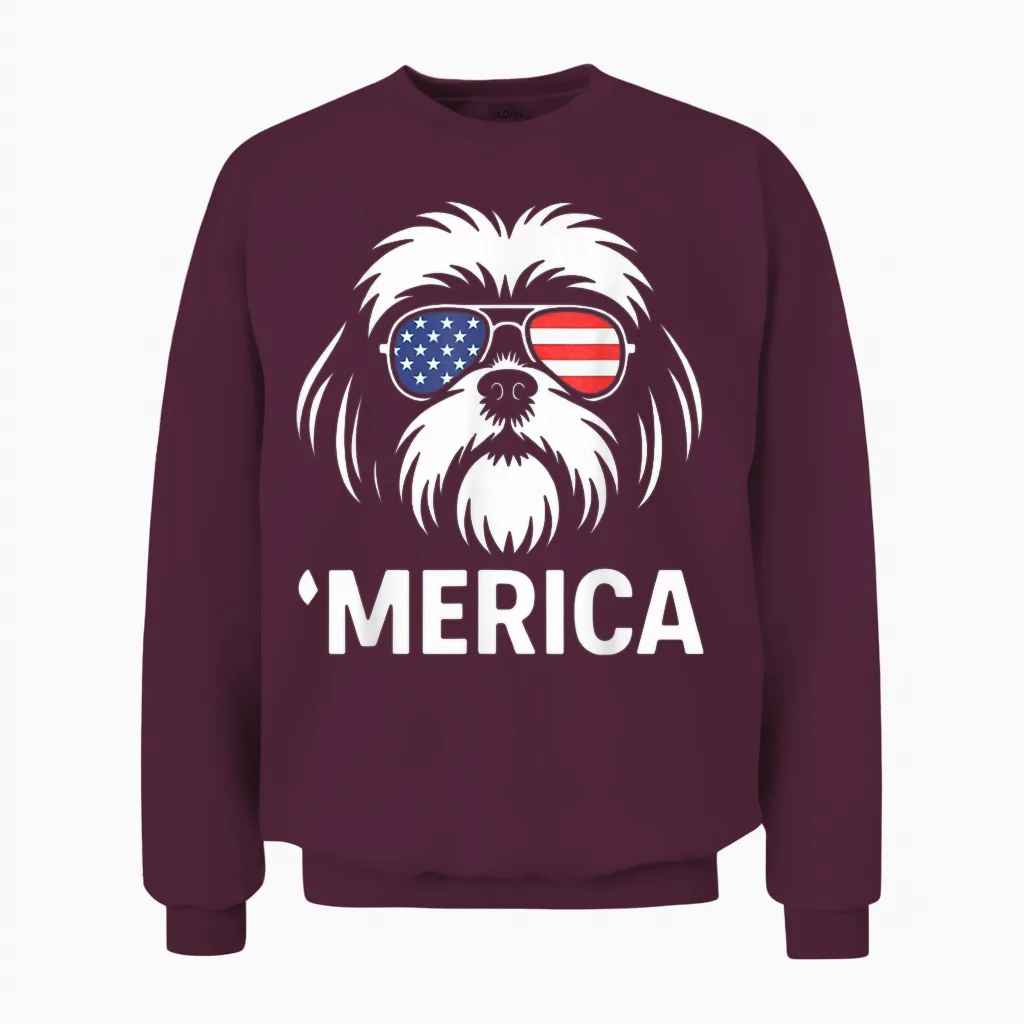 Shih Tzu Dog 'merica Patriotic 4th of July American Unisex Sweatshirt in Maroon