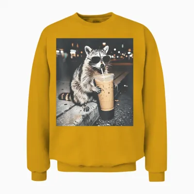 Raccoon Drinking Iced Coffee Funny Animal Meme Men Women Unisex Sweatshirt - Gold