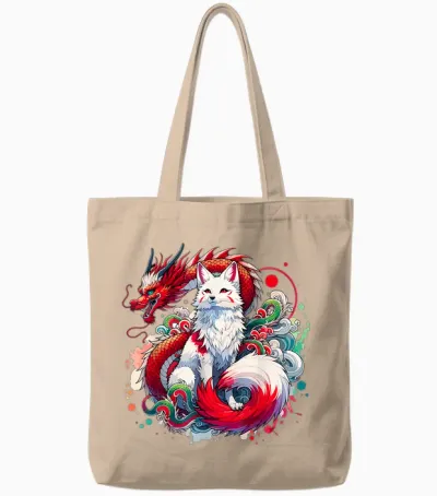 Dragon Kitsune Japanese Fox Nine-Tailed T-Shirt, Black, S Tote Bags - Natural