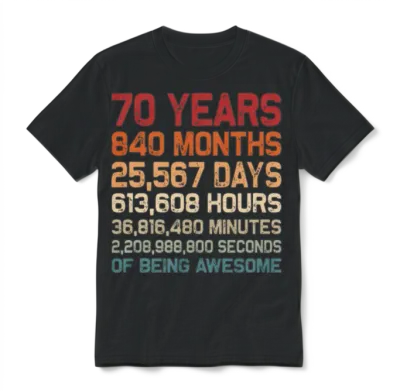 70 Years of Being Awesome Vintage 70th Birthday Unisex T-Shirt - Black