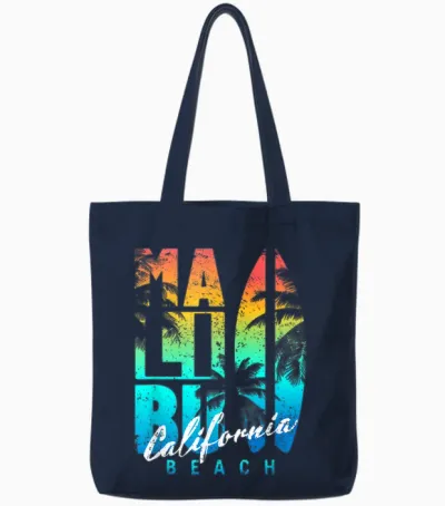 Malibu Beach California T-Shirt, Black, S Tote Bags - Navy