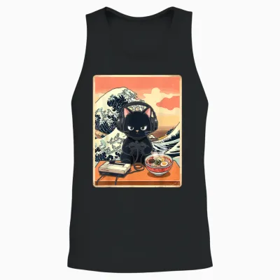 Retro Gamer Cat with Ramen Great Wave for Anime Fans Unisex Tank Top - Black