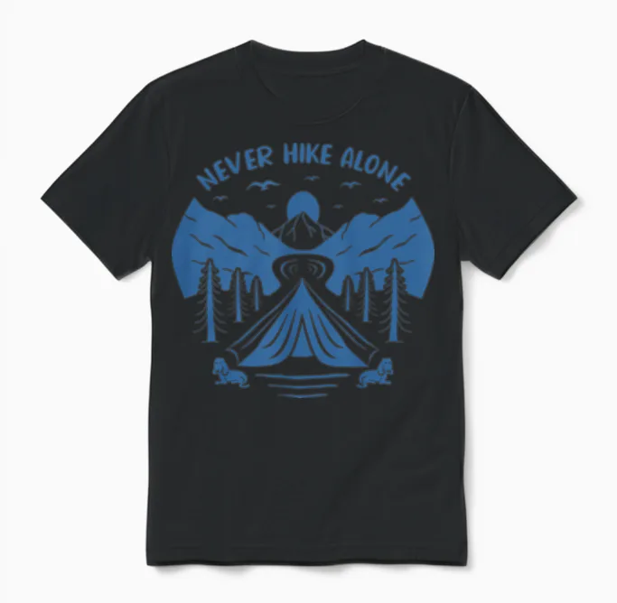 Never Hike Alone Hiking & Outdoors Unisex T-Shirt in Black