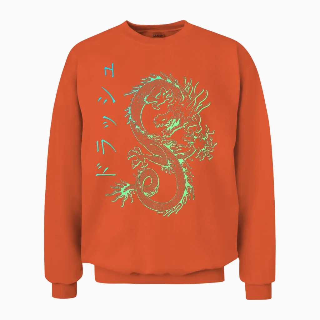 Asian E-Girl Aesthetic Retro E-Boy Kanji Japan Dragon Unisex Sweatshirt in Orange