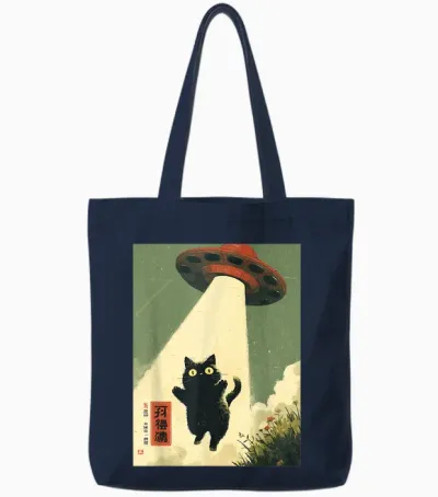 Vintage Japanese Cat Alien Cat Dad Ufo Abduction Graphic Tote Bags - Navy