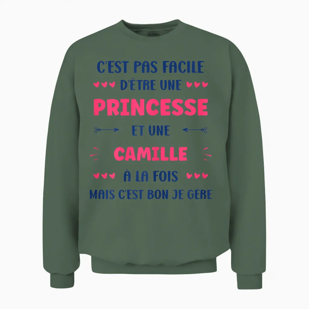 Princess Super Camille Girl Name Humour Camille T-Shirt, White, Female X-Small Unisex Sweatshirt in Military Green