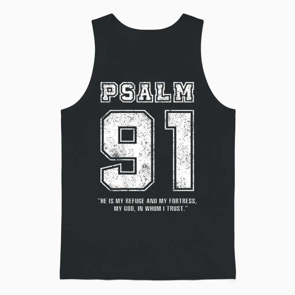 Psalm 91 Jersey Look Bible Verse (back Print Only) Christian T-Shirt, Black Unisex Tank Top in Black