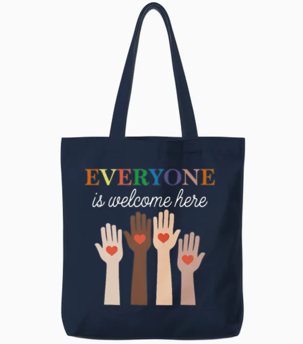 Everyone Is Welcome Here Idaho Teacher Tote Bags in Navy