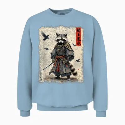 Samurai Raccoon, Japanese Warrior Art | Vintage Anime T-Shirt, Black, S Unisex Sweatshirt - Light Blue