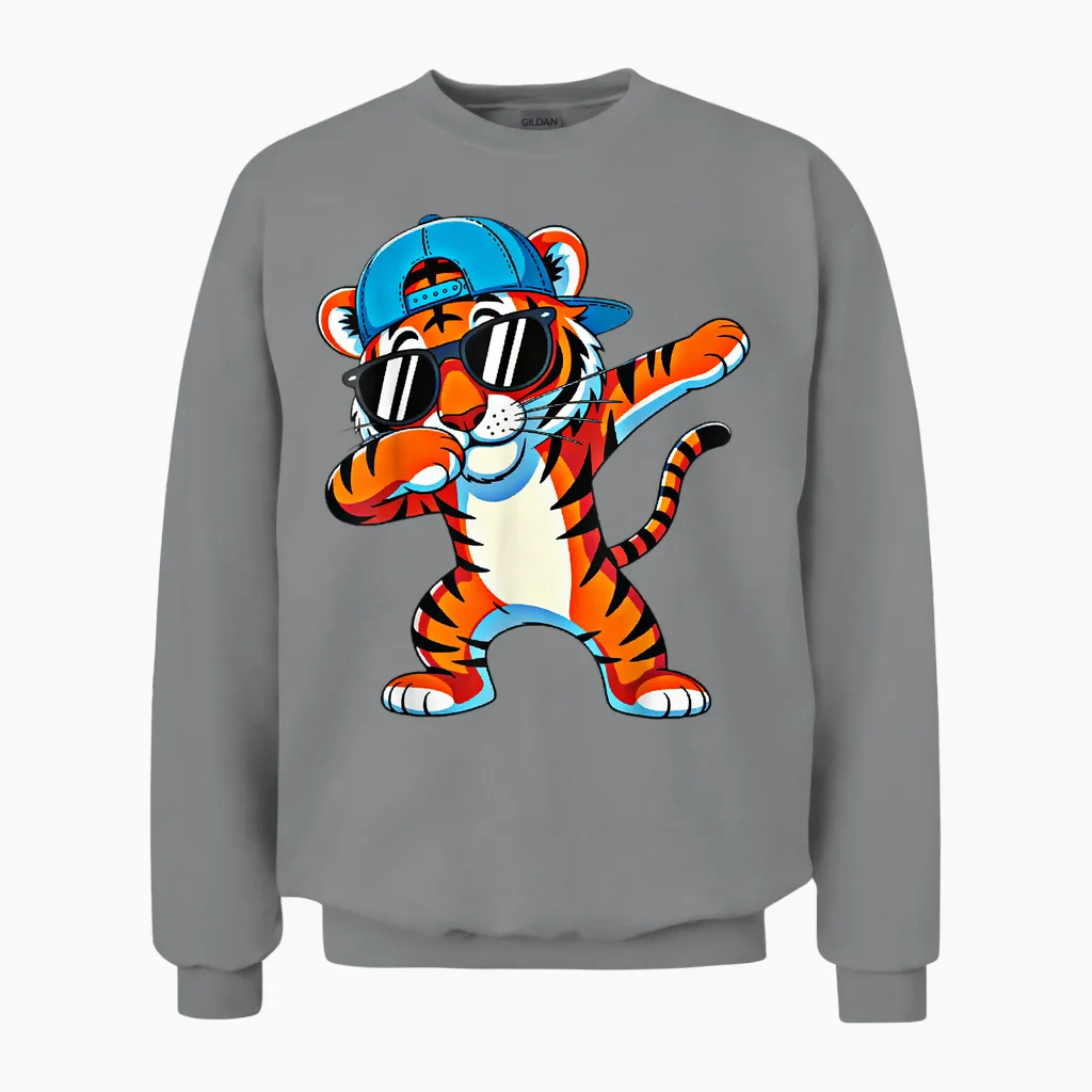 Cute Dabbing Tiger Men Toddler Boys Animal Print Unisex Sweatshirt in Sport Grey