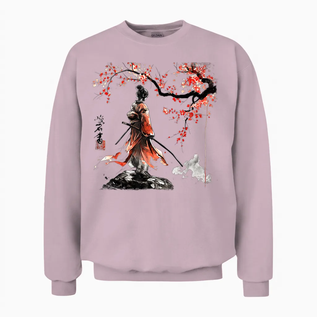 Geisha Samurai Girl Cherry Blossom Fighter Ninja Martial Art T-Shirt, Gray Unisex Sweatshirt in Light Pink