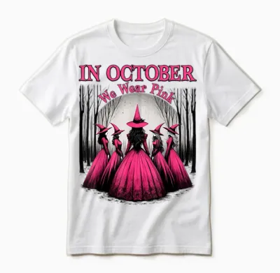 Retro in October We Wear Pink Witch Breast Cancer Awareness Unisex T-Shirt - White