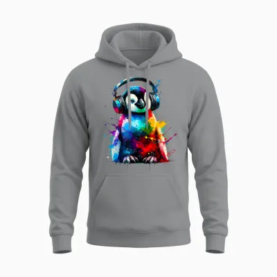 Colorful Splash Art Penguin Headphones Penguins T-Shirt, Black Unisex Hoodie - Sport Grey