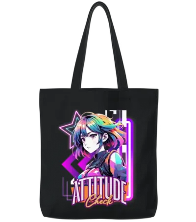 'attitude Check' Retro Style Neon Anime Gd Tote Bags - Black
