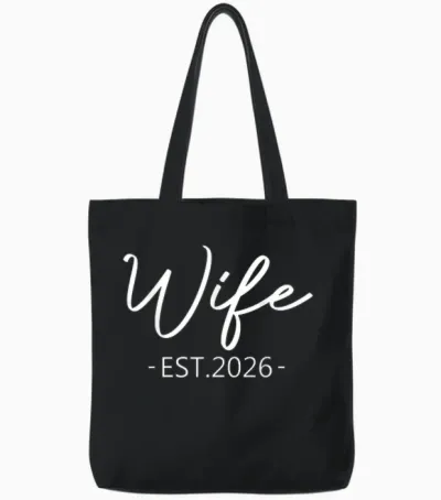 Wife Est 2026 Just Married Honeymoon Hubby Wedding Couple Tote Bags - Black
