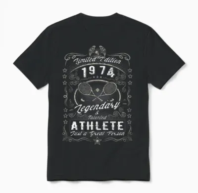 Vintage 1974 Tennis Birthday Gift Sport Hobby Unisex T-Shirt - Black