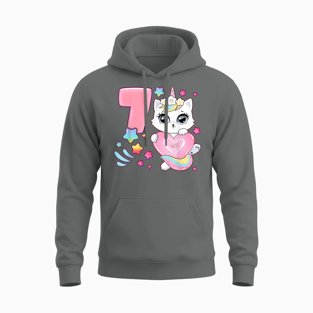 Geburtstag Mädchen 7 Jahre, Katze, Einhorn, 7. Geburtstag Unisex Hoodie in Graphite Heather