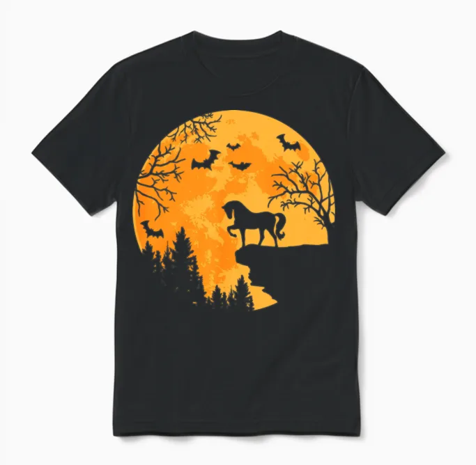 Horse Lovers Funny Horse and Moon Halloween Unisex T-Shirt in Black