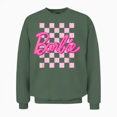 Barbie - Barbie Logo Checkered Background Short Sleeve T-Shirt for Women, Small Unisex Sweatshirt - Military Green