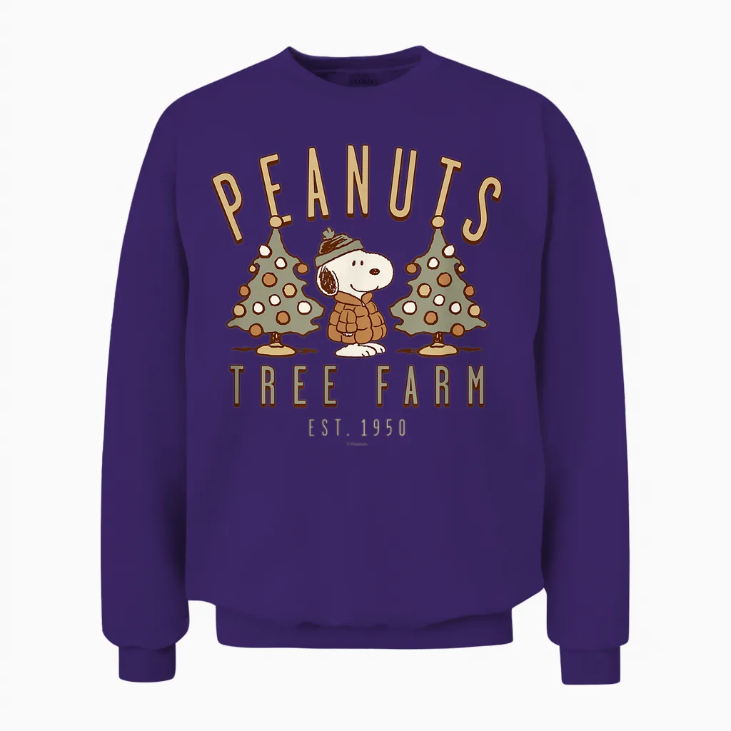 Snoopy Peanuts Tree Farm Christmas Retro Style Unisex Sweatshirt in Purple