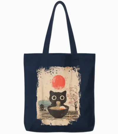 Lustige Kawaii Schwarze Katze Isst Ramen Nudeln Schüssel Tote Bags - Navy