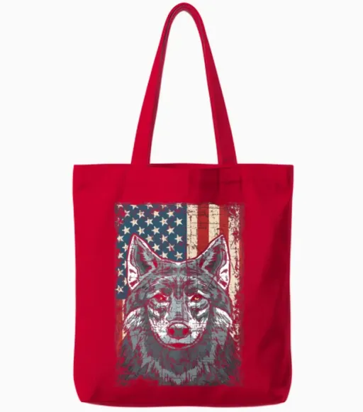 Wolf 4th of July American Flag Howling Wolves Tote Bags in Red