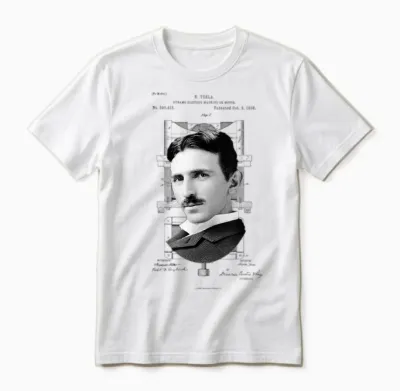 Miss Whimsy Nikola Tesla Photo Patent T-Shirt T-Shirt, Unisex-Erwachsene, Grey, S Unisex T-Shirt - White