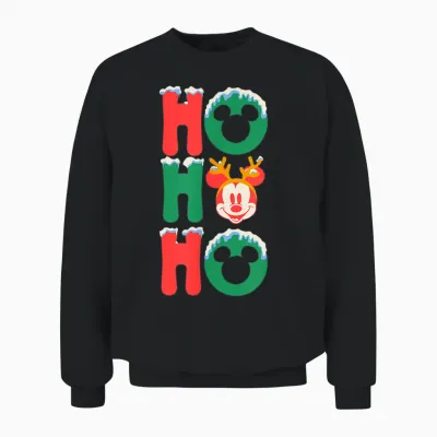 Amazon Essentials Men's Mickey Mouse Ho Ho Ho Snowy Christmas Antlers T-Shirt, Black Graphic Print, Small Unisex Sweatshirt - Black