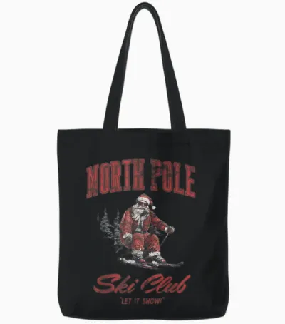 Santa Claus Christmas Snow Skiing at the North Pole Ski Club Tote Bags - Black