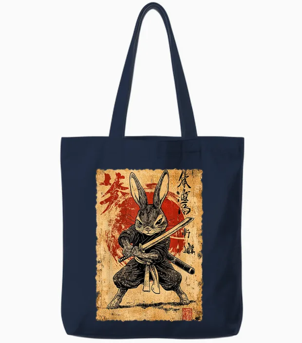 Funny Vintage Art Japanese Rabbit Ninja Samurai Warrior T-Shirt, Black, S Tote Bags in Navy